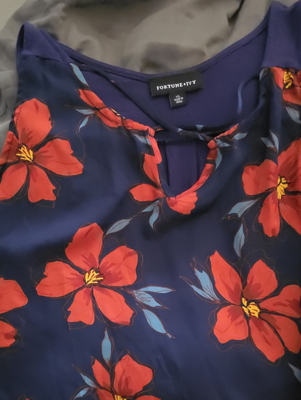 Fortune + Ivy Navy Floral Tank Top with Red Blossom Print